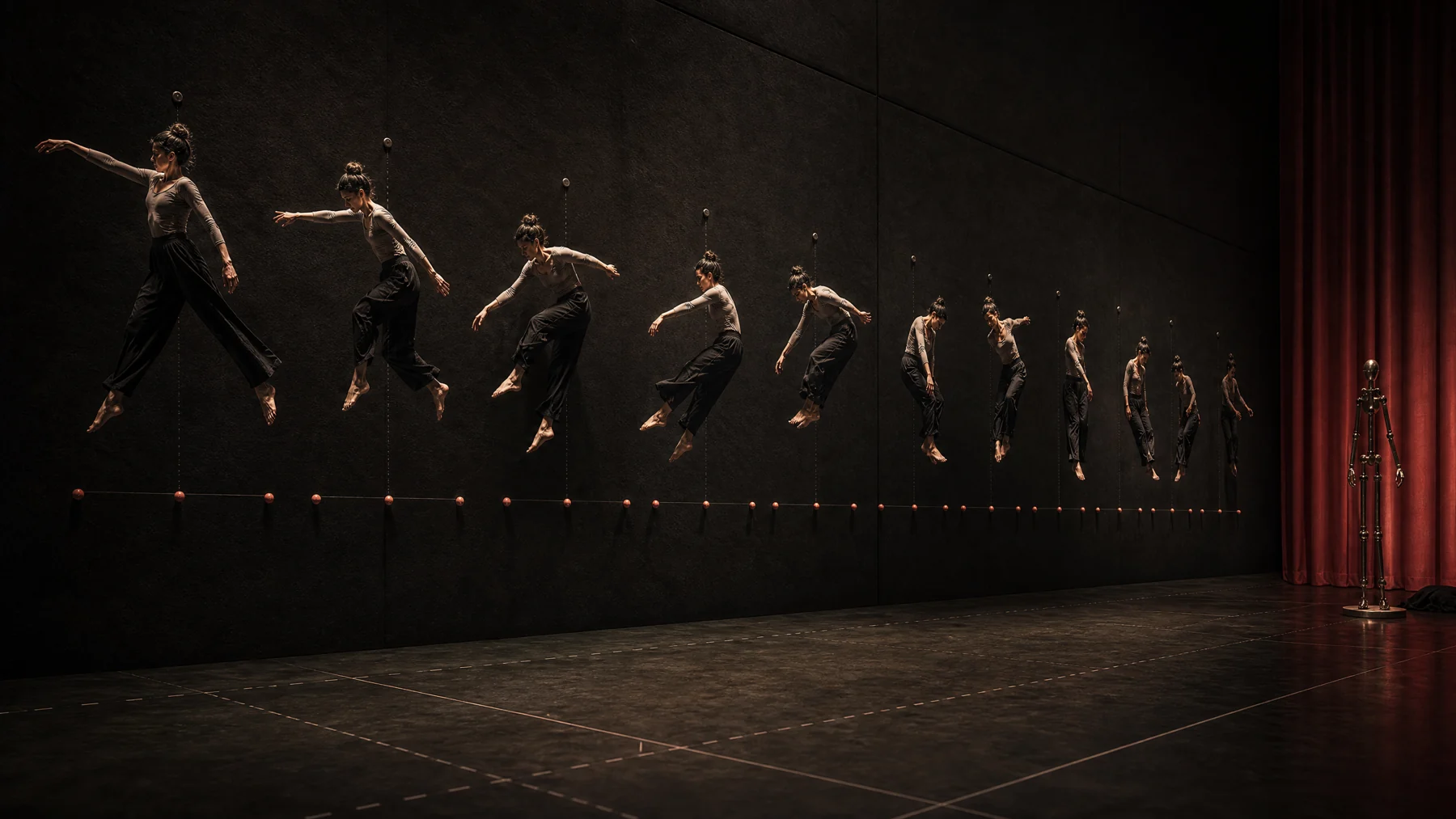 Sequential bounce poses across rehearsal wall