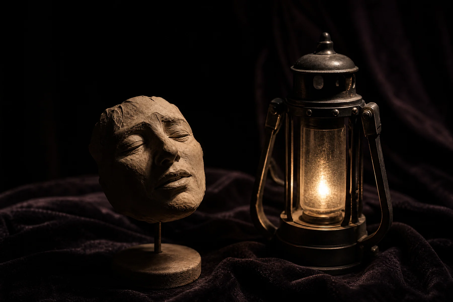 Clay facial maquette lit by lantern