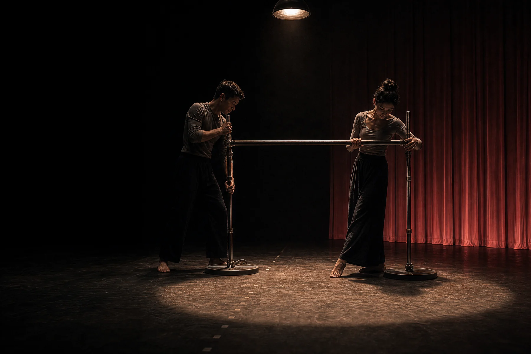 Two performers balancing a rigging bar